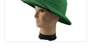 Detail of green pith helmet showing woven texture, brown leather strap and metal air vents