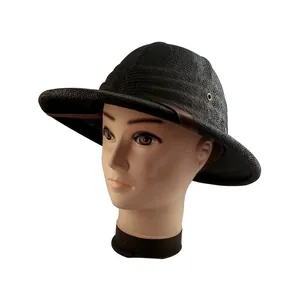 Outdoor black woven sun hat for hiking with leather band and metal ventilation eyelets