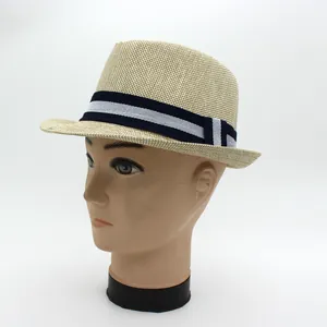 Men's stylish woven straw jazz hat with blue striped ribbon for summer sun protection