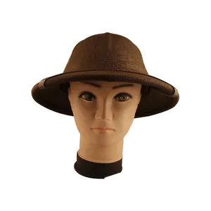 Dark brown wide-brim woven straw sun hat for hiking and fishing outdoors
