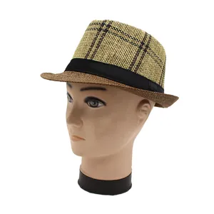 Cappello fedora unisex in paglia beige con motivo a quadri marroni e nastro nero