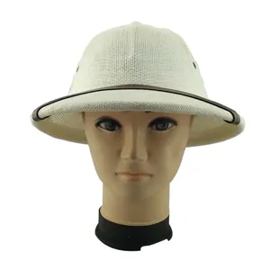 White breathable pith helmet style sun hat with leather strap on display head