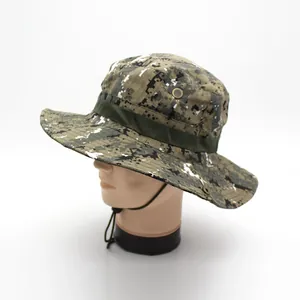 Digital camouflage boonie hat with wide brim and adjustable chin strap for hiking