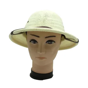 Classic beige woven pith helmet explorer hat with brown leather strap for outdoor sun protection