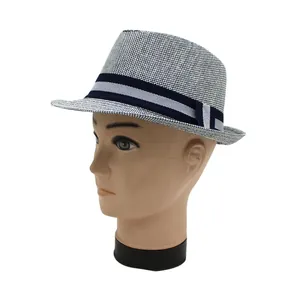 Blue and white woven fedora hat with striped ribbon detail for summer sun protection