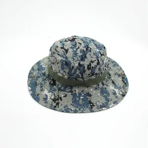 Outdoor digital camo boonie hat with wide brim, side vents and green webbing band