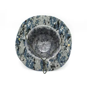 Blue digital camouflage tactical boonie hat with wide brim and adjustable chin strap