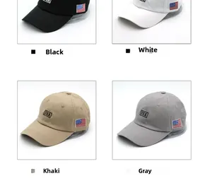 Vue détaillée en grille des casquettes de baseball brodées USA en noir, blanc, kaki et gris