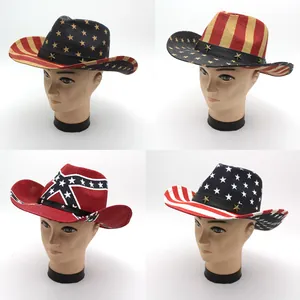 Cappello da Cowboy in Paglia Western Bandiera USA Stelle Strisce Tesa Larga Protezione Solare per Outdoor Giorno Indipendenza Moda