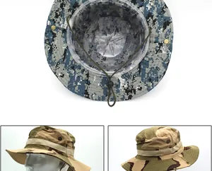 Detail of camouflage tactical boonie hat with adjustable chin strap and side snap buttons