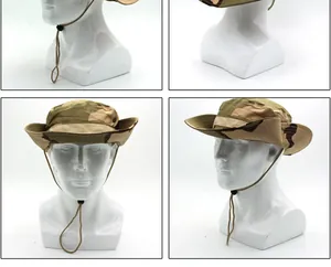 Three-color desert camo boonie hat featuring metal eyelets and adjustable chin strap