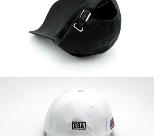 Detail of USA embroidery and adjustable metal buckle on cotton baseball caps