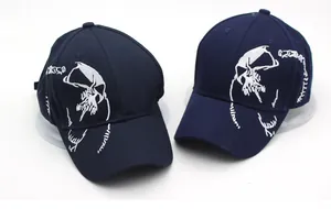 Detail shot of navy baseball cap with white Venom embroidery on a six-panel structure