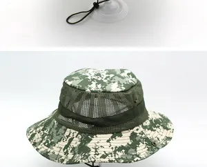 Detail of camouflage boonie hat featuring breathable mesh panels and adjustable chin strap