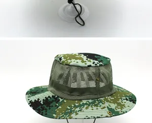 Detail of outdoor camo boonie hat featuring breathable mesh and adjustable chin strap