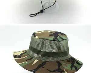 Detail of outdoor camo boonie hat featuring breathable mesh and adjustable chin strap