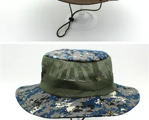 Blue digital camo boonie hat detail with green mesh panels and adjustable chin strap