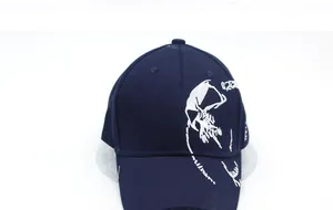 Detail of white grim reaper embroidery on dark blue baseball cap with street style