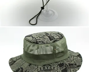 Detail of army green sun hat with breathable mesh band and retro logo print texture