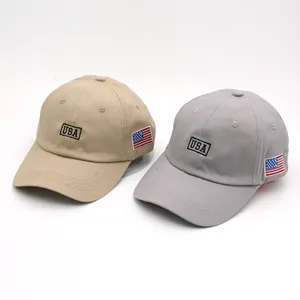 Unisex cotton baseball cap with USA embroidery and flag patch in khaki and gray