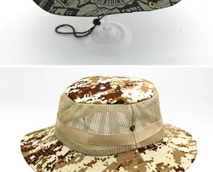Detail view of outdoor boonie hats featuring breathable mesh and camouflage patterns