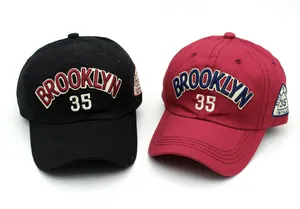 Detailed close-up of retro BROOKLYN embroidery and 35 logo on baseball cap