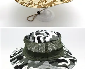 Detail view of camouflage boonie hat featuring breathable mesh and adjustable chin strap