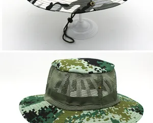 Close-up of tactical camo boonie hats with breathable mesh and adjustable wind ropes