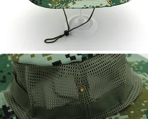 Detail of digital camouflage sun hat featuring breathable side mesh and adjustable chin strap