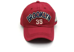 Close-up of Brooklyn 35 embroidery on wine red cotton twill baseball cap detail