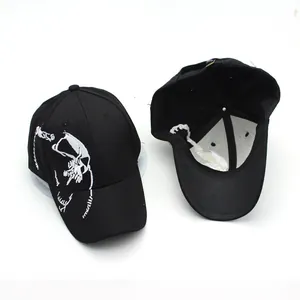 Unisex black baseball cap with white skull embroidery and adjustable back strap