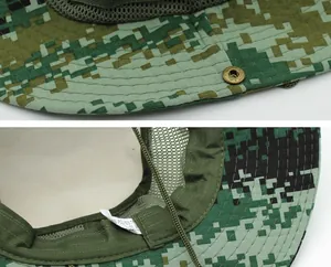 Detail of digital camouflage boonie hat with breathable mesh lining and windproof drawstring