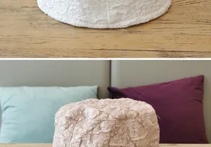 Detail showing white and beige bucket hats with 3D bubble textured fabric and soft brim