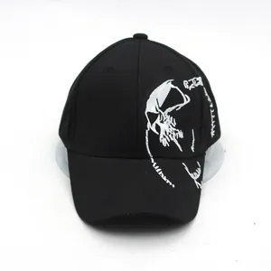 Black baseball cap with white skull embroidery and curved brim for outdoor casual style