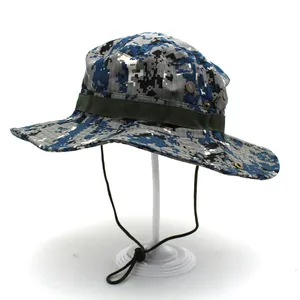 Blue digital camouflage boonie hat with adjustable chin strap for outdoor activities