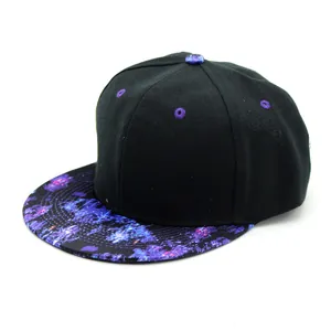 Unisex black snapback baseball cap with purple galaxy print brim and crown top button
