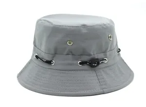 Detail of gray outdoor bucket hat with metal eyelets and adjustable sports drawstring