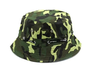 Detail of camouflage boonie hat with metal eyelets and SPORT printed decorative cord