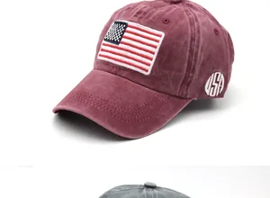 Dettaglio cappellino in cotone lavato con ricamo USA e toppa bandiera americana
