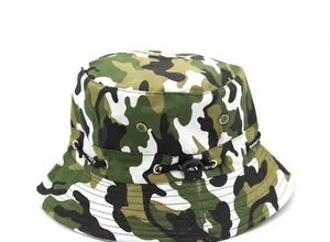 Detail of camouflage sun hat featuring metal eyelets and SPORT printed adjustable drawstring