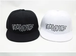 Detail showing high-density FUCKDAYLIFE embroidery on cotton snapback baseball caps