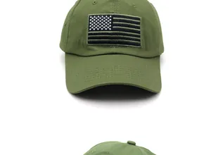 Detail view of army green baseball cap featuring tactical American flag embroidery patch