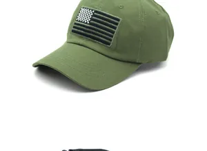 Close-up of olive green tactical baseball cap featuring embroidered US flag patch details