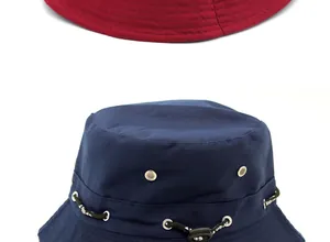 Close-up of durable canvas sun hats with adjustable drawstrings and metallic vent holes