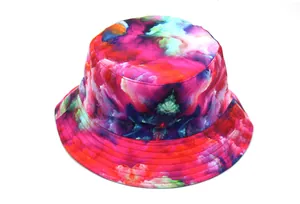 Detailed view of colorful tie-dye bucket hat featuring multi-row brim stitching details