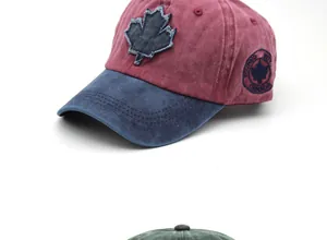 Close-up of Canada maple leaf embroidery and circular side patch on washed cotton cap