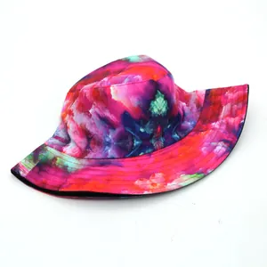 Colorful tie-dye artistic bucket hat with vibrant ink patterns for outdoor protection