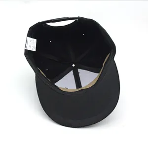 Inside view of black snapback hat with white embroidery and adjustable plastic back strap