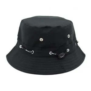 Outdoor black sun hat with metal eyelets and SPORT print drawstring on white background