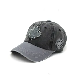 Gray washed cotton baseball cap with embroidered Canada maple leaf patch and visor